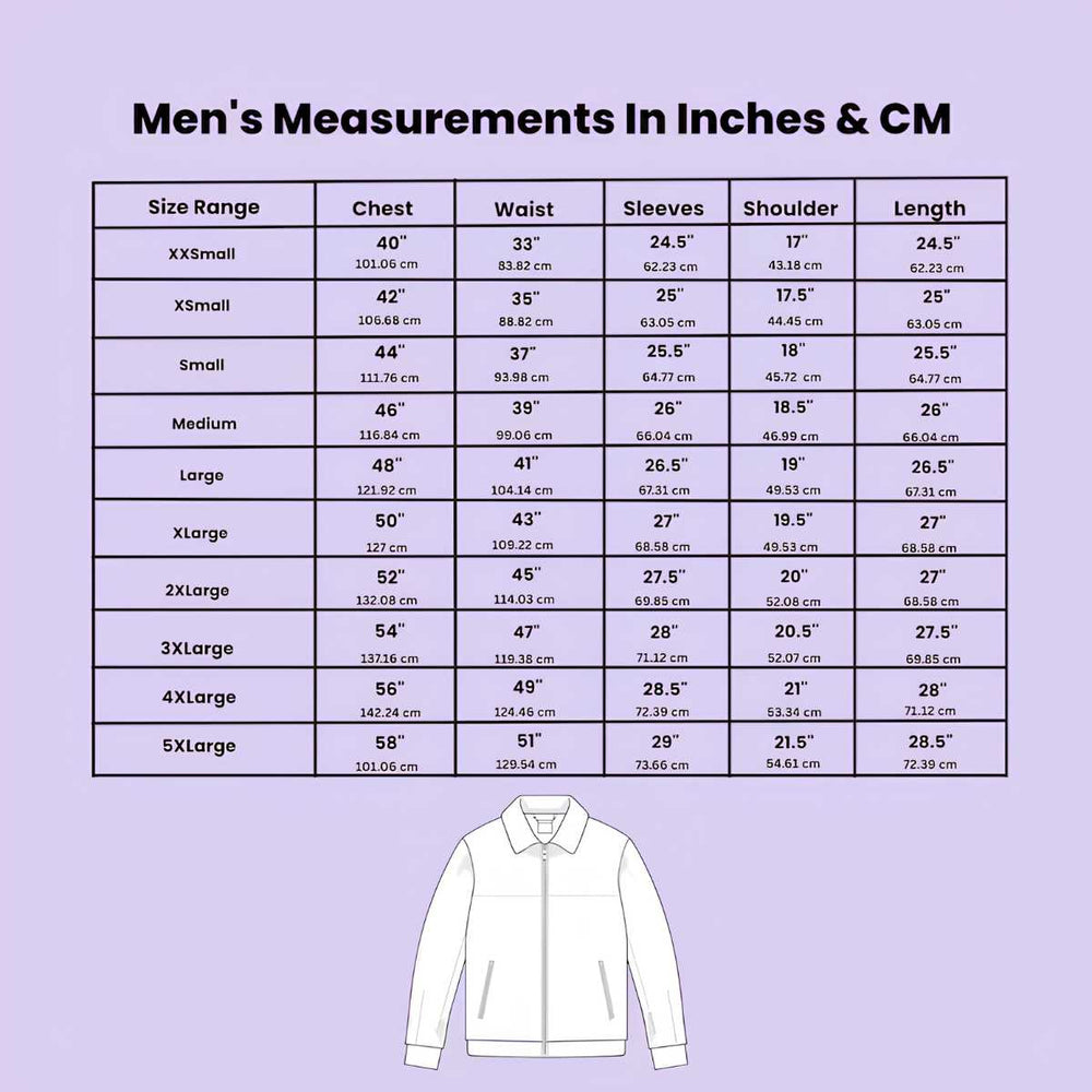 A size chart table for men's clothing with chest, waist, sleeves, shoulder, and length measurements in inches and centimeters, plus a simple line drawing of a white long-sleeve shirt at the bottom on a light lavender background.