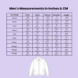 A size chart table for men's clothing with chest, waist, sleeves, shoulder, and length measurements in inches and centimeters, plus a simple line drawing of a white long-sleeve shirt at the bottom on a light lavender background.