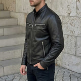 Side profile of men's cafe racer jacket showing snap collar