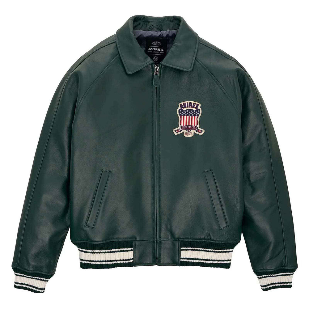 Green leather jacket with a logo on the chest against a white background