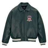 Green leather jacket with a logo on the chest against a white background