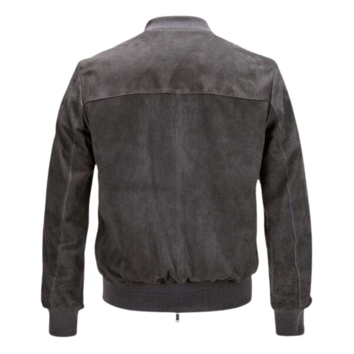 Back view of men's gray suede bomber jacket