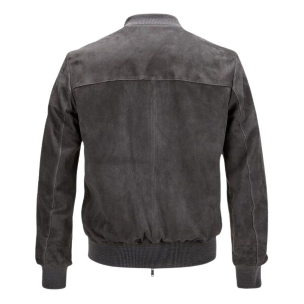 Back view of men's gray suede bomber jacket
