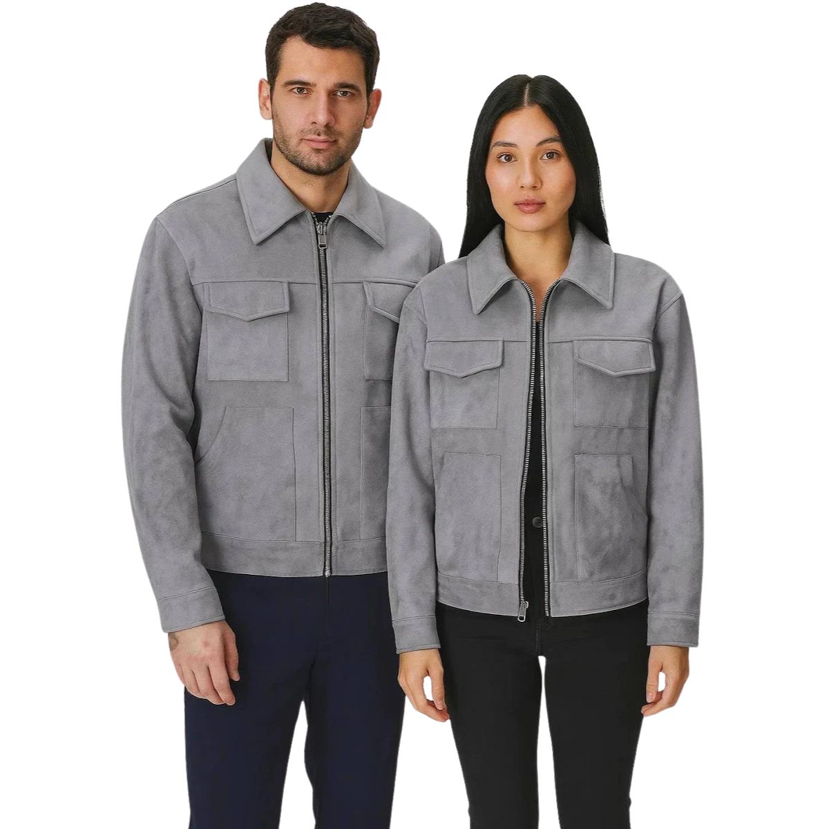 A man and a woman modeling matching light gray zip-front jackets with flap chest pockets and front pockets, shown against a plain white studio background.