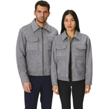 A man and a woman modeling matching light gray zip-front jackets with flap chest pockets and front pockets, shown against a plain white studio background.
