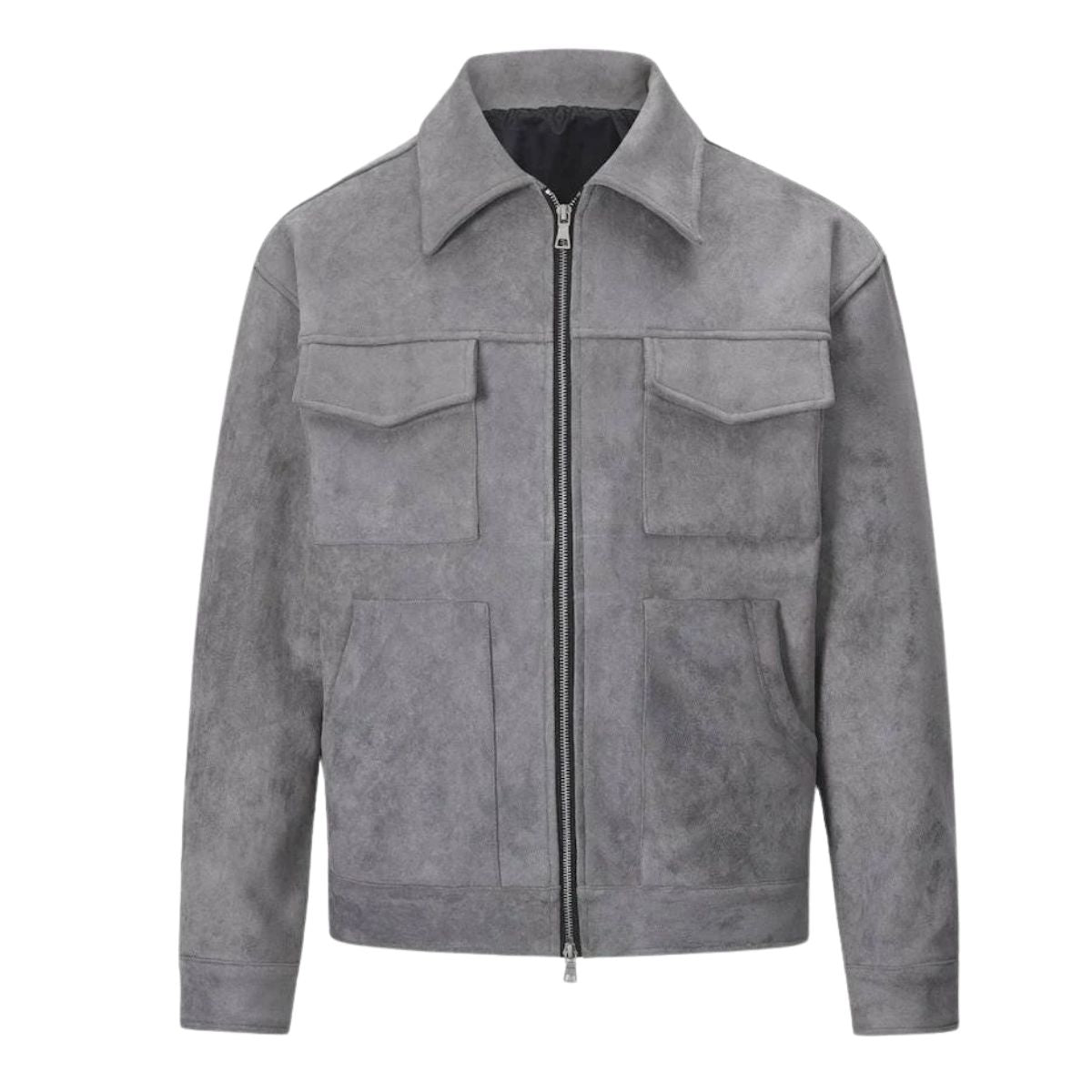 Men's gray suede trucker jacket, front view