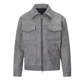 Men's gray suede trucker jacket, front view