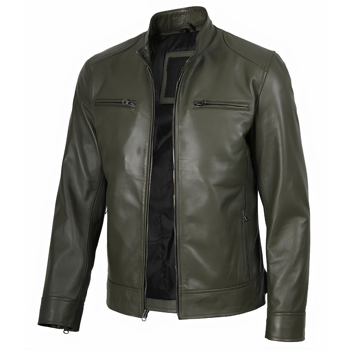 Men's green leather cafe racer biker jacket, front view