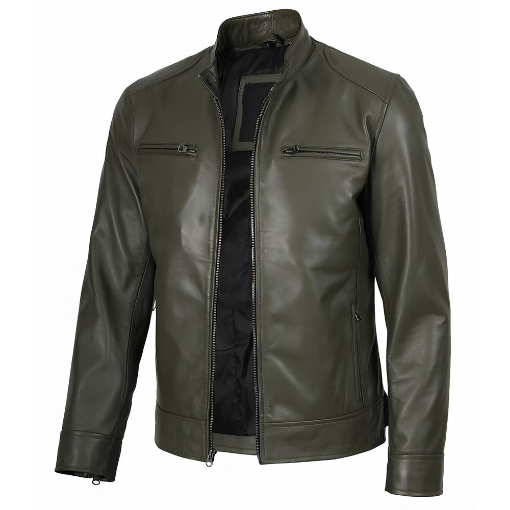 Men's green leather cafe racer biker jacket, front view