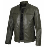 Men's green leather cafe racer biker jacket, front view