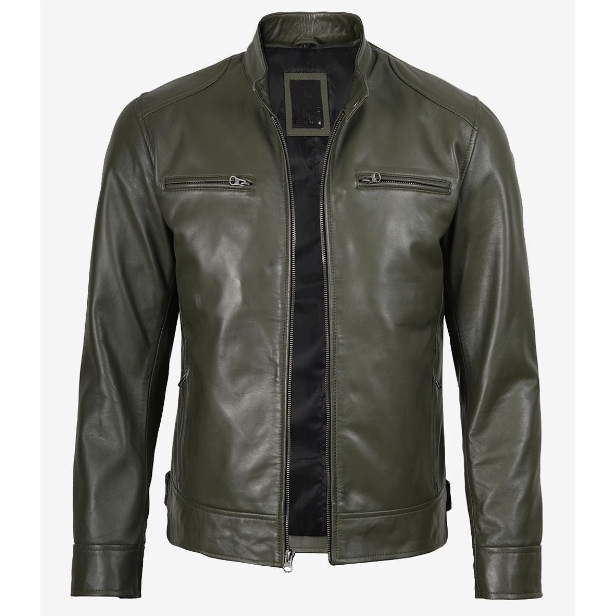 An olive green faux leather motorcycle jacket with a stand collar, front zipper, and zippered chest pockets, displayed on a light gray background.