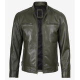 An olive green faux leather motorcycle jacket with a stand collar, front zipper, and zippered chest pockets, displayed on a light gray background.