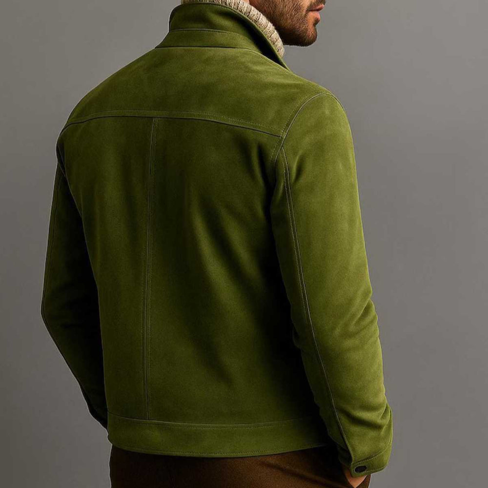 Back view of men's snap-front green suede jacket
