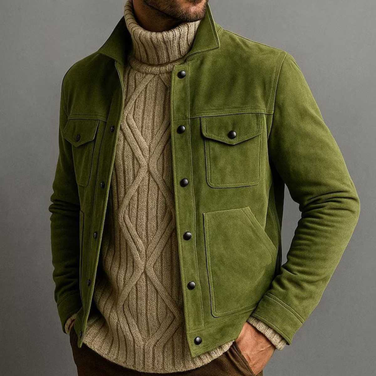 Men's green suede jacket with stand collar, front view