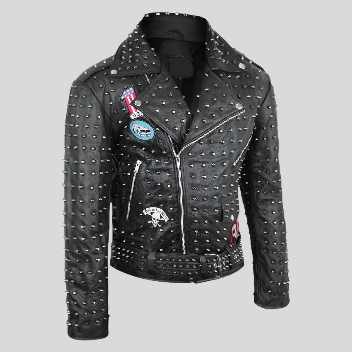 Side profile of men's spiked leather jacket showing waist belt