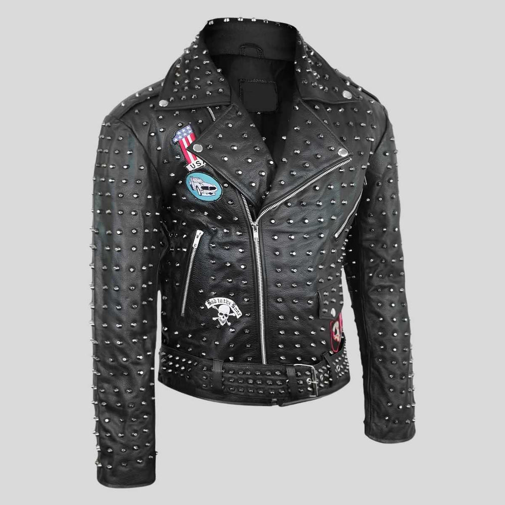 Side profile of men's spiked leather jacket showing waist belt
