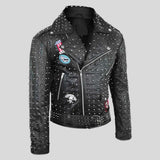 Side profile of men's spiked leather jacket showing waist belt