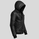 Side profile of men's hooded biker jacket showing rib-knit hem