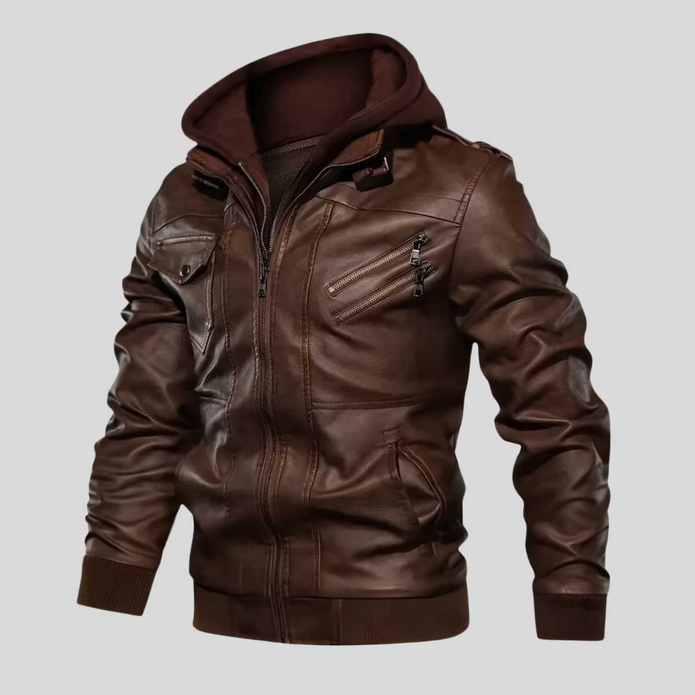 A dark brown faux leather hooded jacket with a full zip front, zippered chest pocket, and ribbed cuffs and hem, shown on a solid gray background.