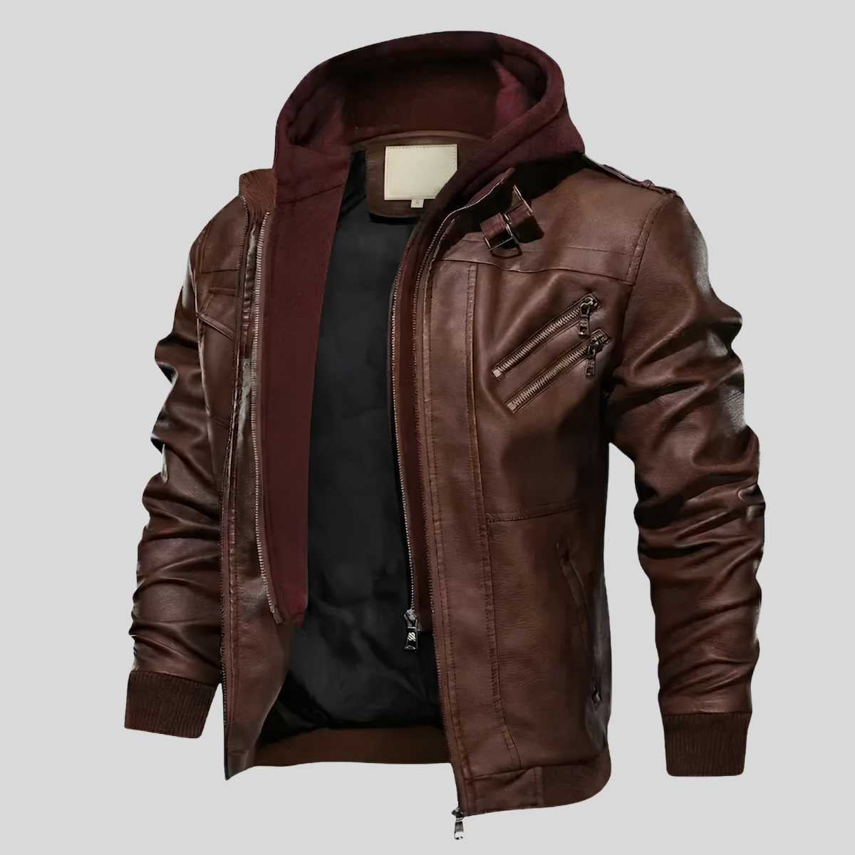 Side profile of men's leather bomber jacket showing removable hood