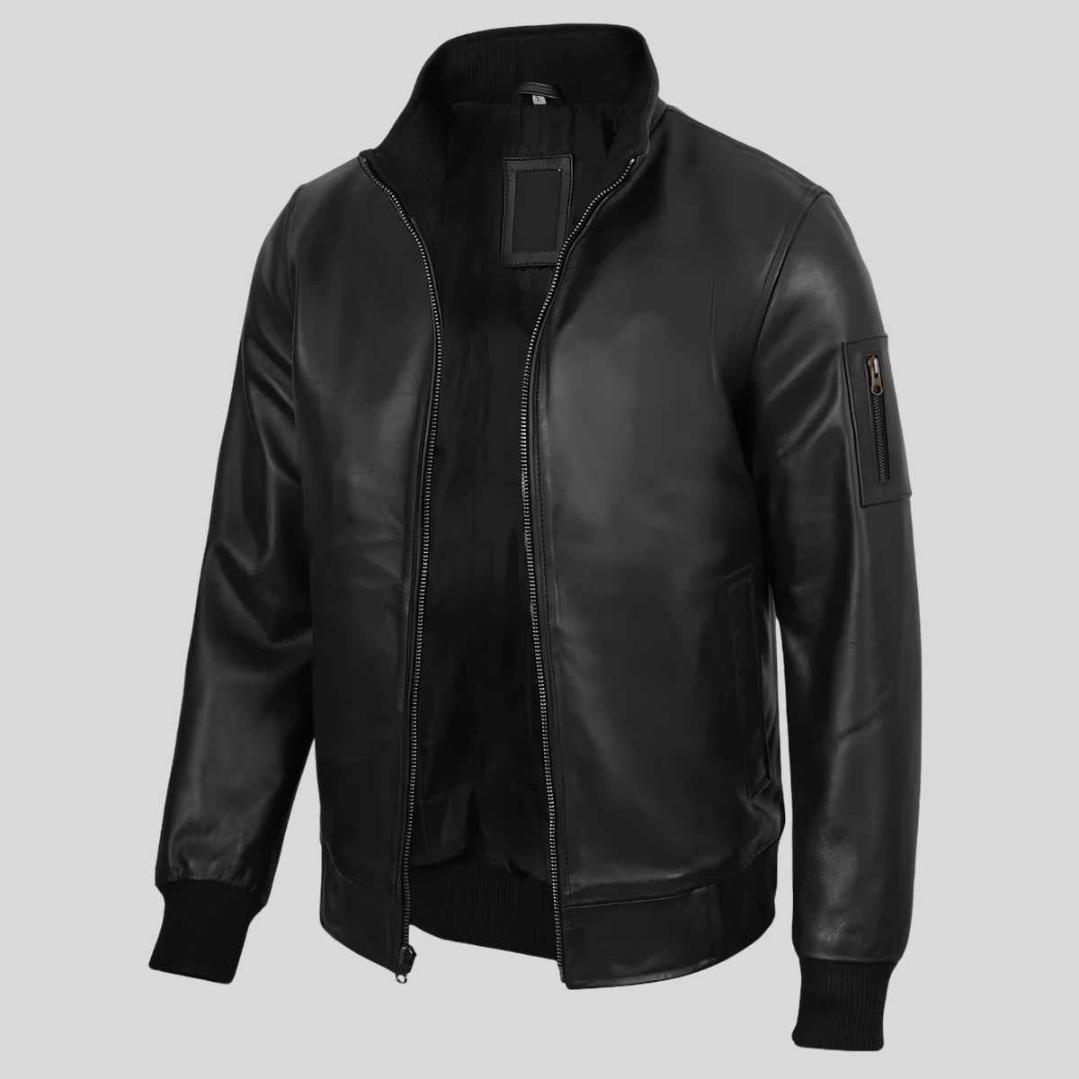 Side profile of men's leather bomber jacket showing stand collar