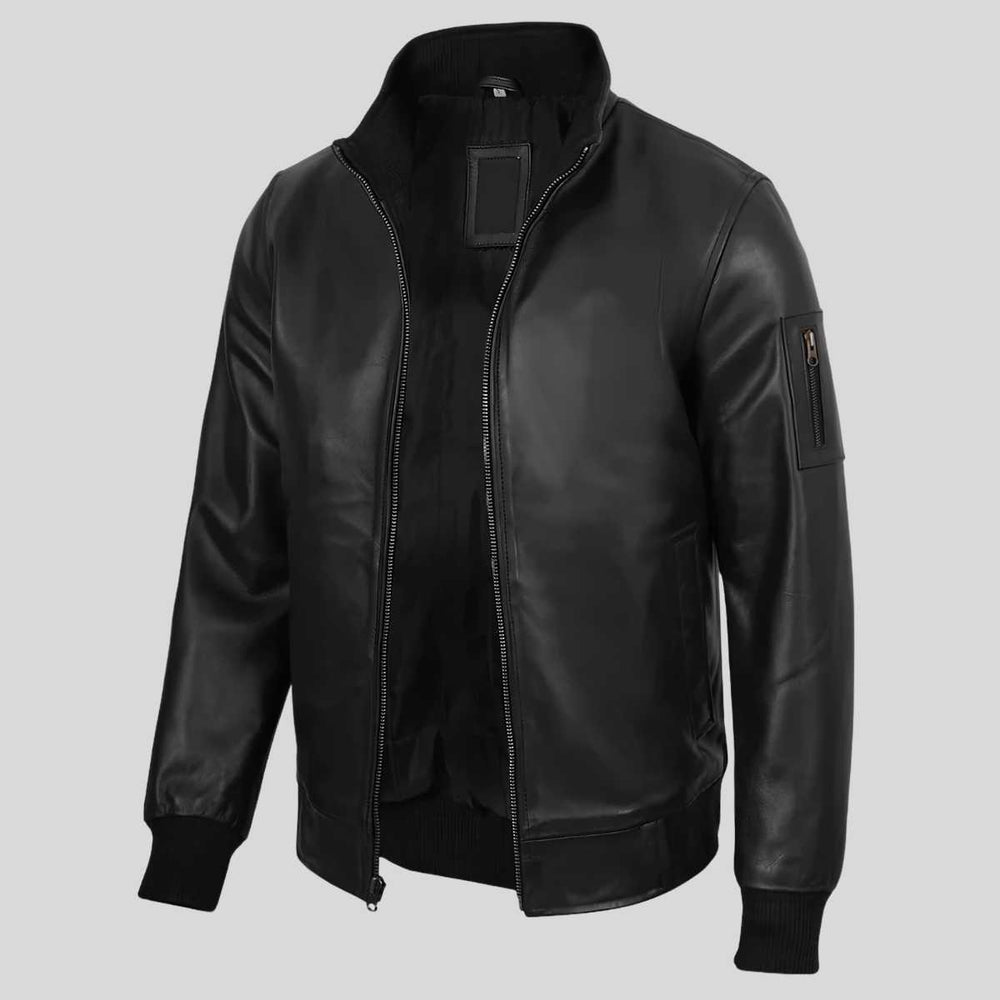 Side profile of men's leather bomber jacket showing stand collar