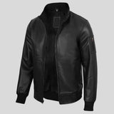 Side profile of men's leather bomber jacket showing stand collar