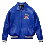 A royal blue leather varsity jacket with a front zipper, ribbed knit collar, cuffs, and hem, featuring a 'MIDEK' embroidered patch on the left chest. The jacket is displayed flat against a solid white background.