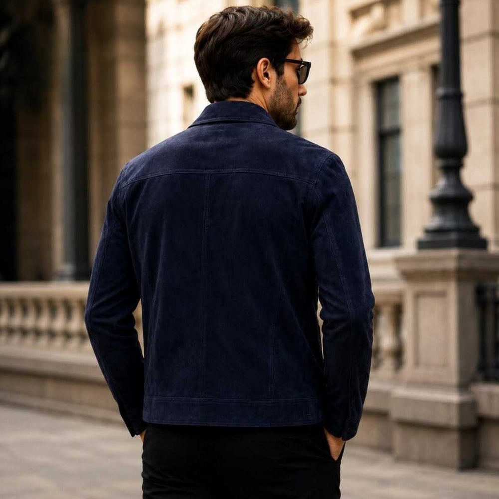 Back view of men's navy suede trucker jacket