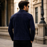 Back view of men's navy suede trucker jacket