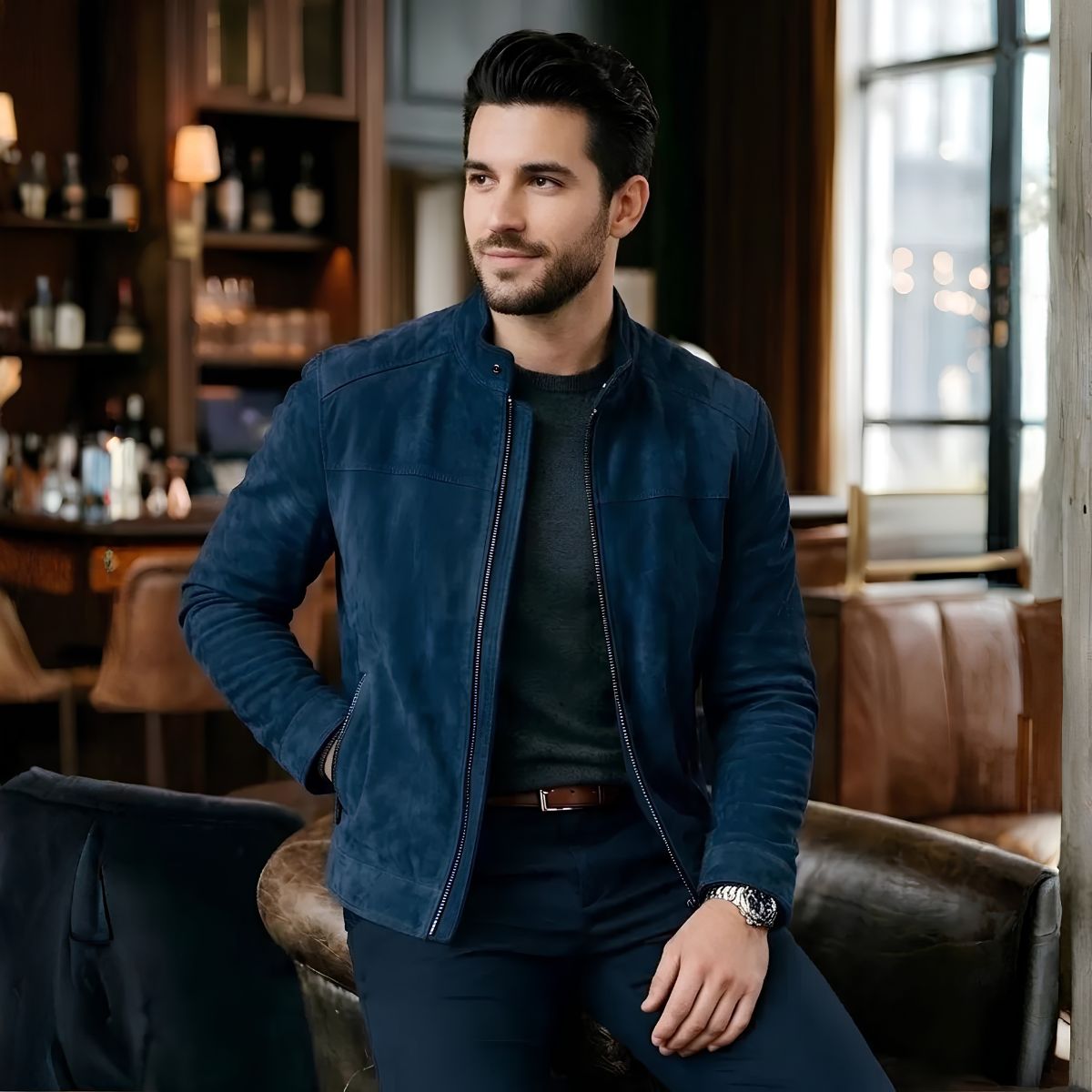 Man wearing navy blue suede jacket with sweater