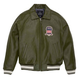 Green leather jacket with a brand logo on a white background