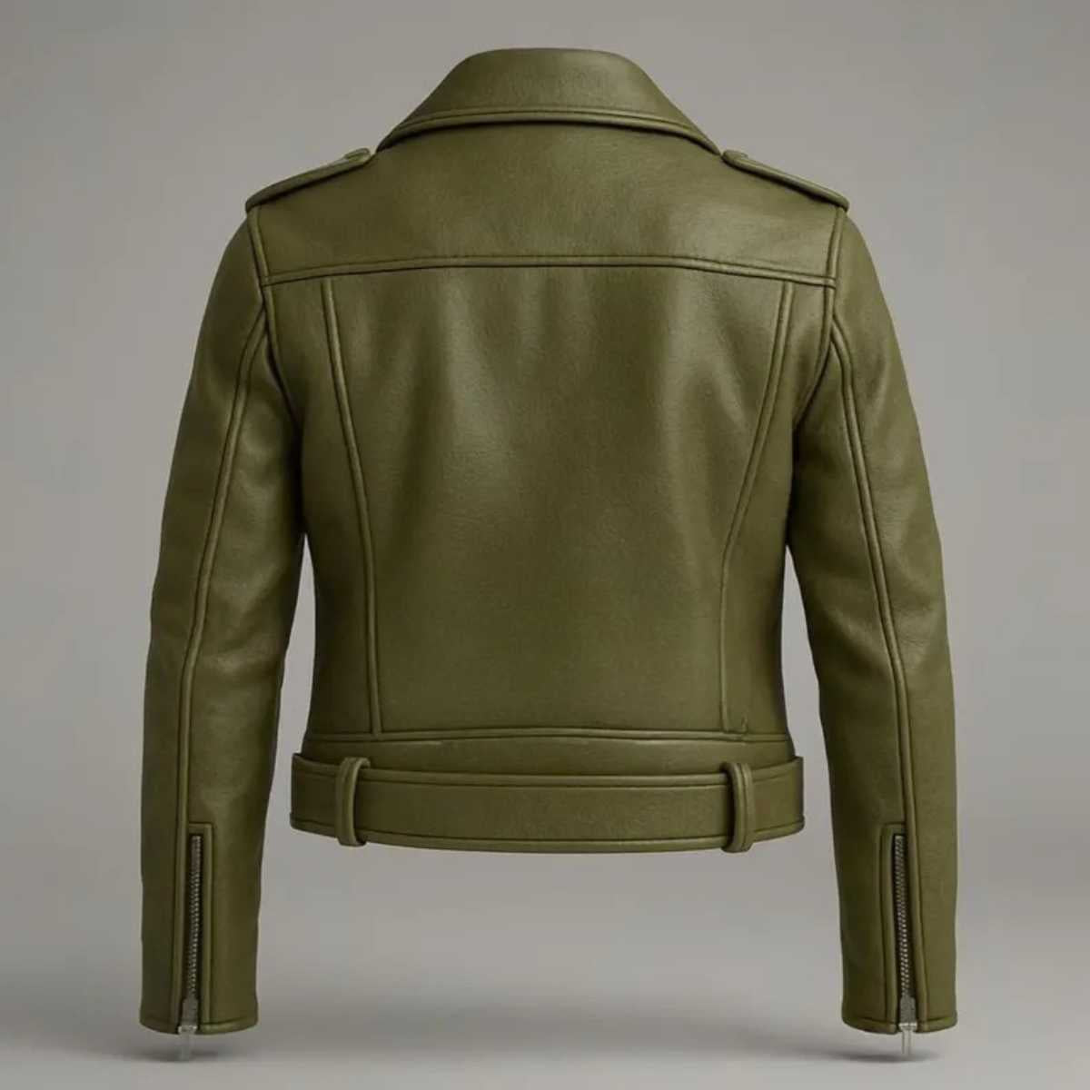 Back view of men's olive green leather moto jacket