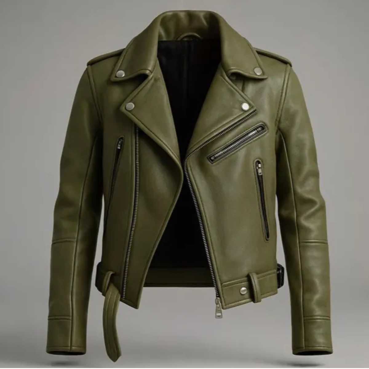 Men's olive green leather biker jacket with notch lapel, front view