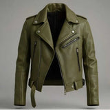 Men's olive green leather biker jacket with notch lapel, front view