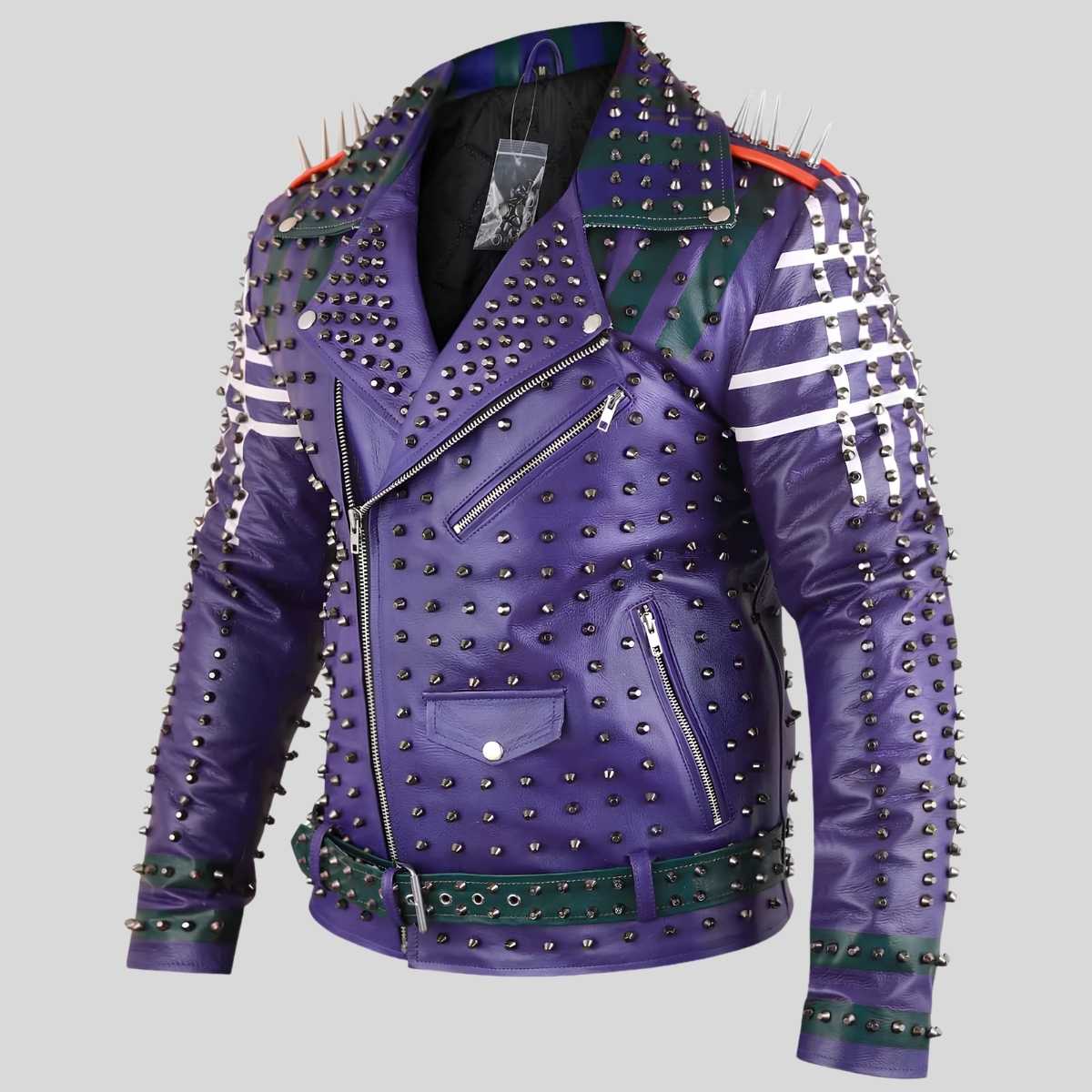 Side profile of purple studded biker jacket showing waist belt