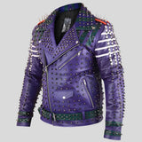 Side profile of purple studded biker jacket showing waist belt
