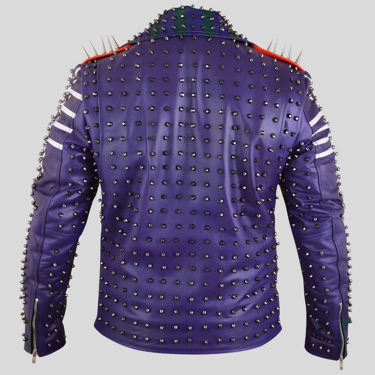 Back view of men's purple leather biker jacket with cone studs