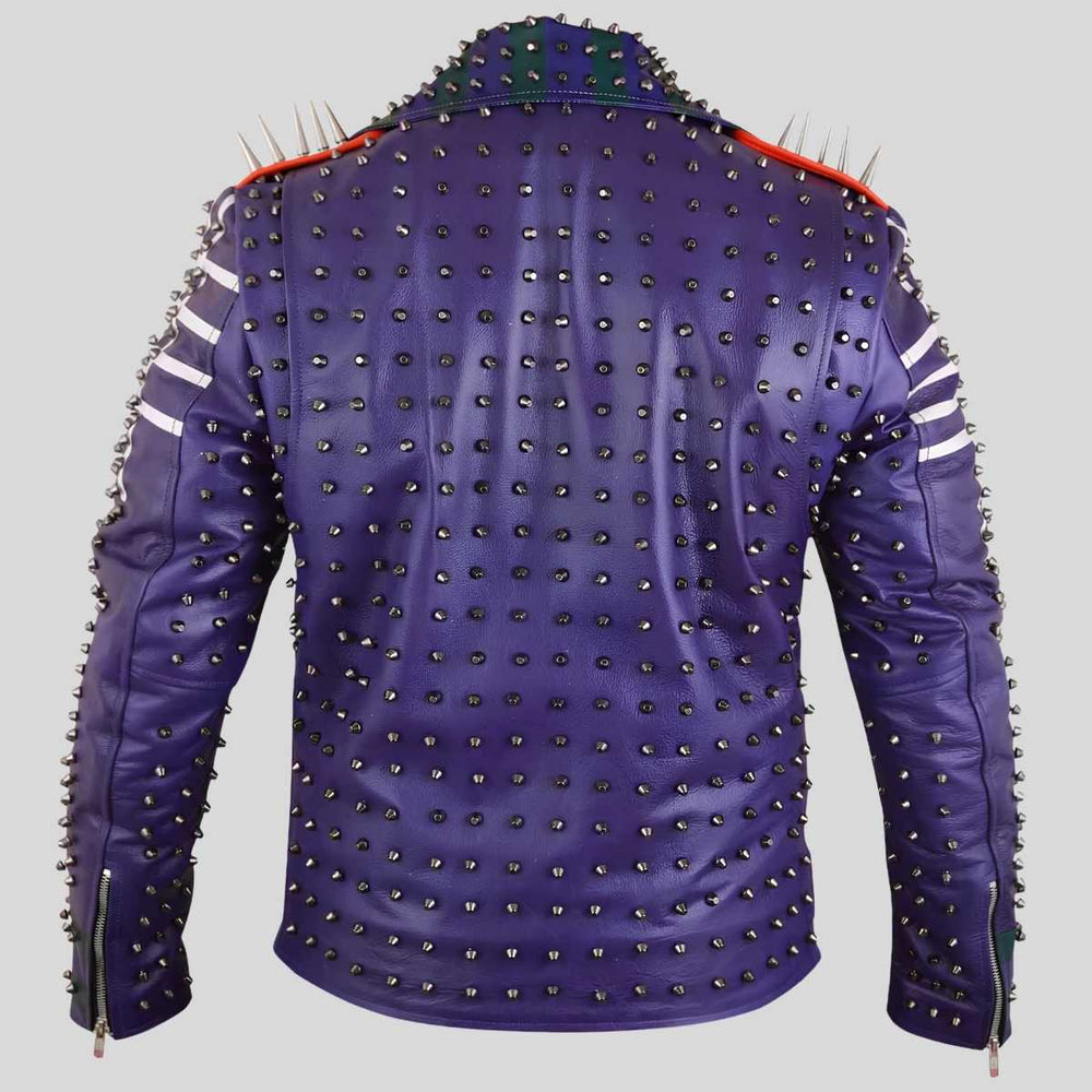 Back view of men's purple leather biker jacket with cone studs