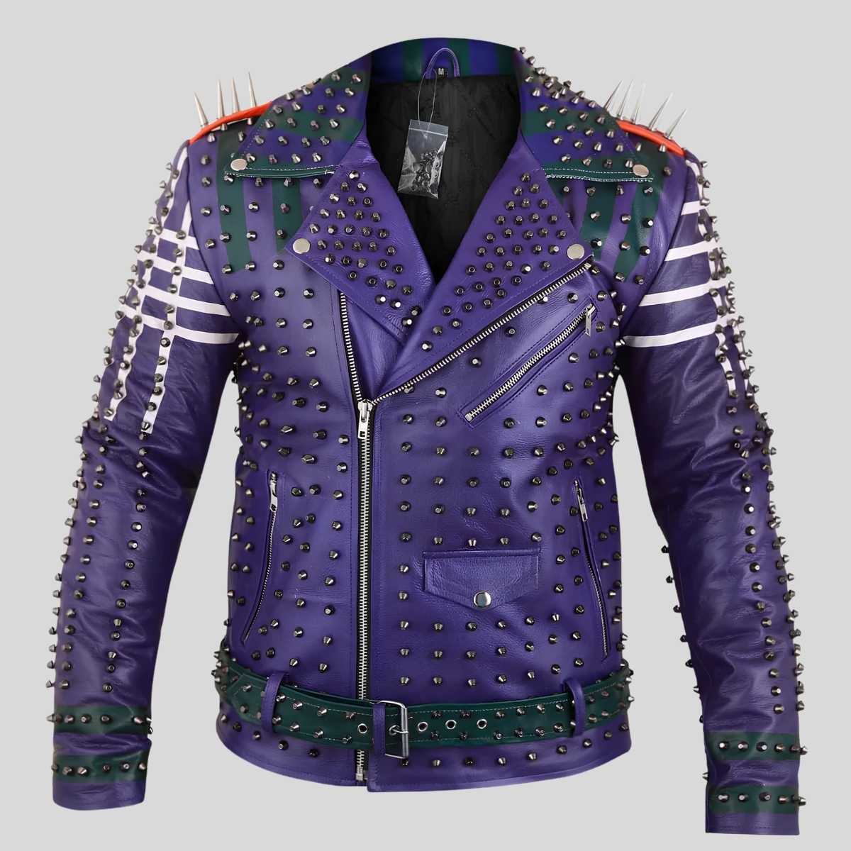 Men's purple studded leather biker jacket with spikes, front view