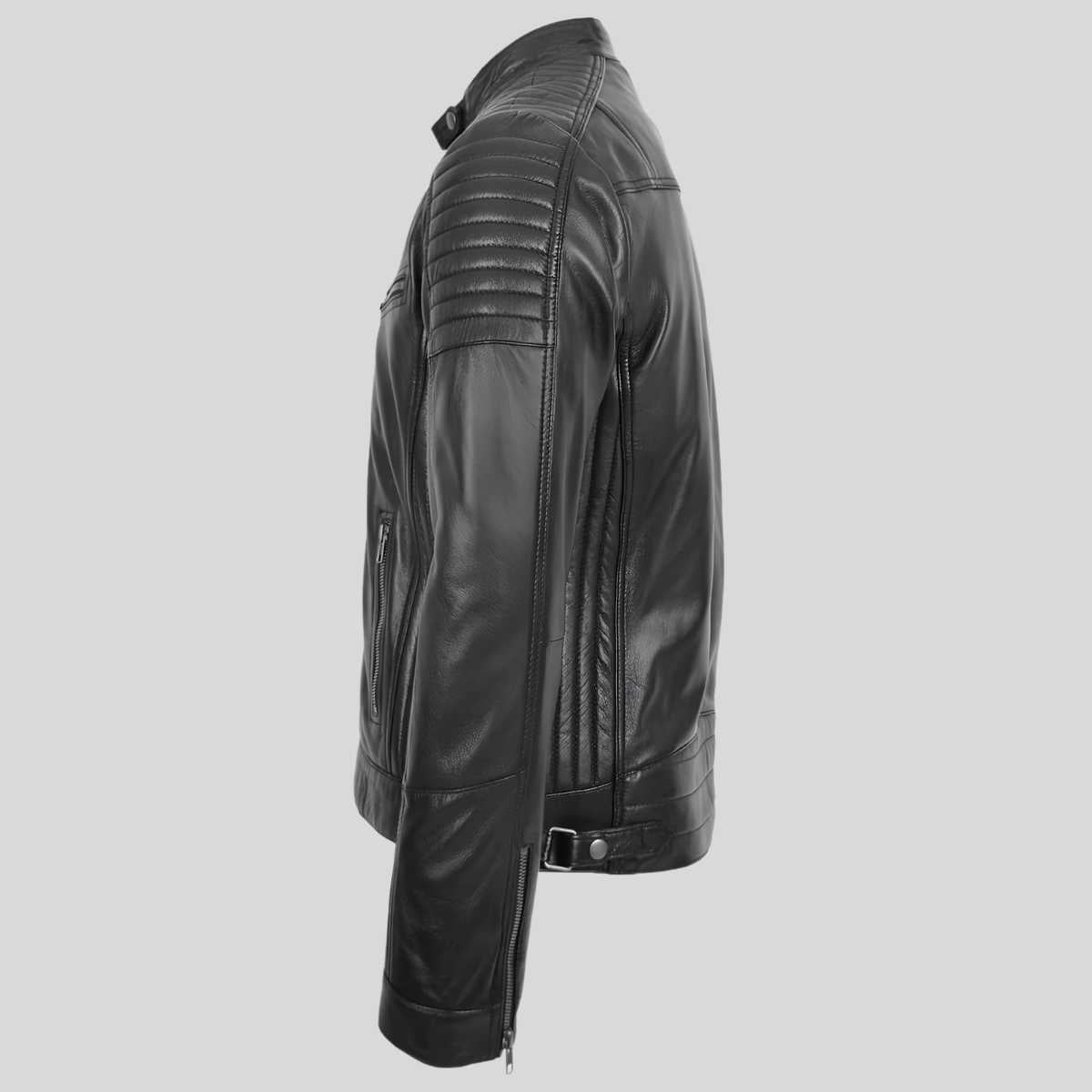 Side profile of men's cafe racer jacket showing quilted panel