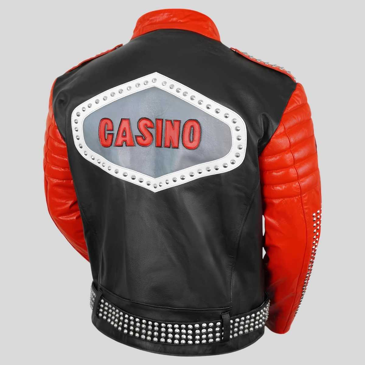 Black and red leather jacket shown from the back, featuring a large 'CASINO' graphic on a silver shield-shaped patch with white studs, set against a solid gray background.
