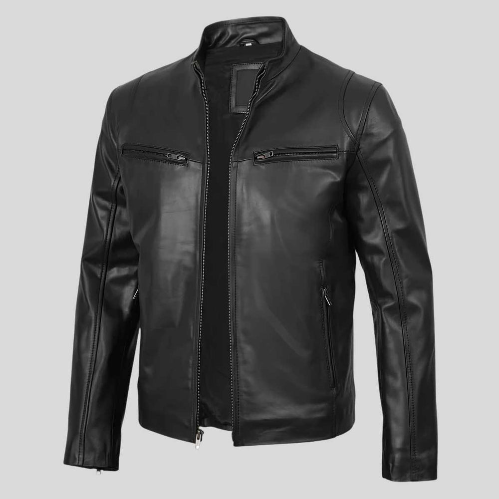 Side profile of men's cafe racer jacket showing snap collar