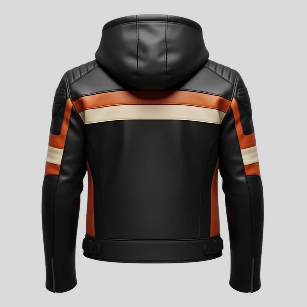 Back view of men's hooded motorcycle jacket with color-block panels