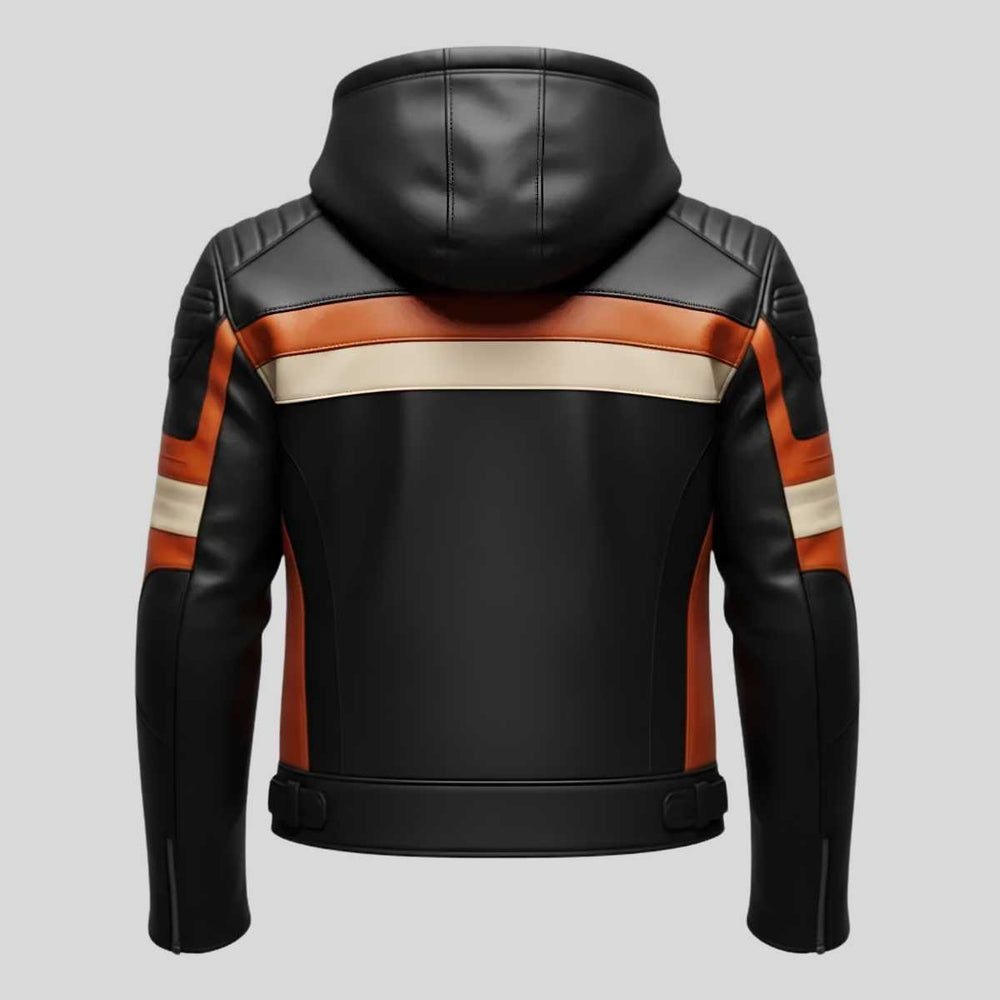 Back view of men's hooded motorcycle jacket with color-block panels