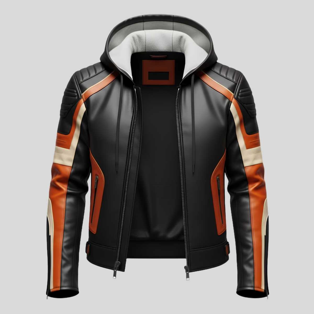 Men's black and orange street bike motorcycle jacket, front view
