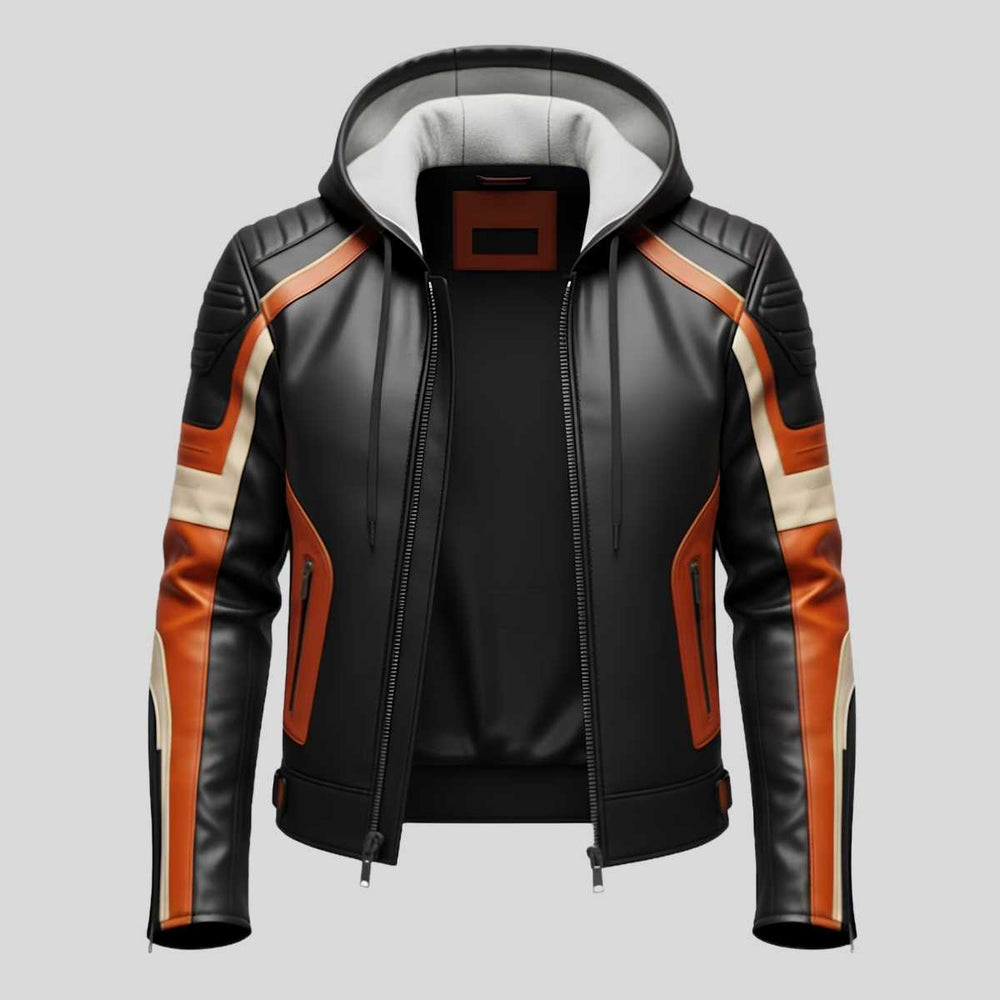 Men's black and orange street bike motorcycle jacket, front view