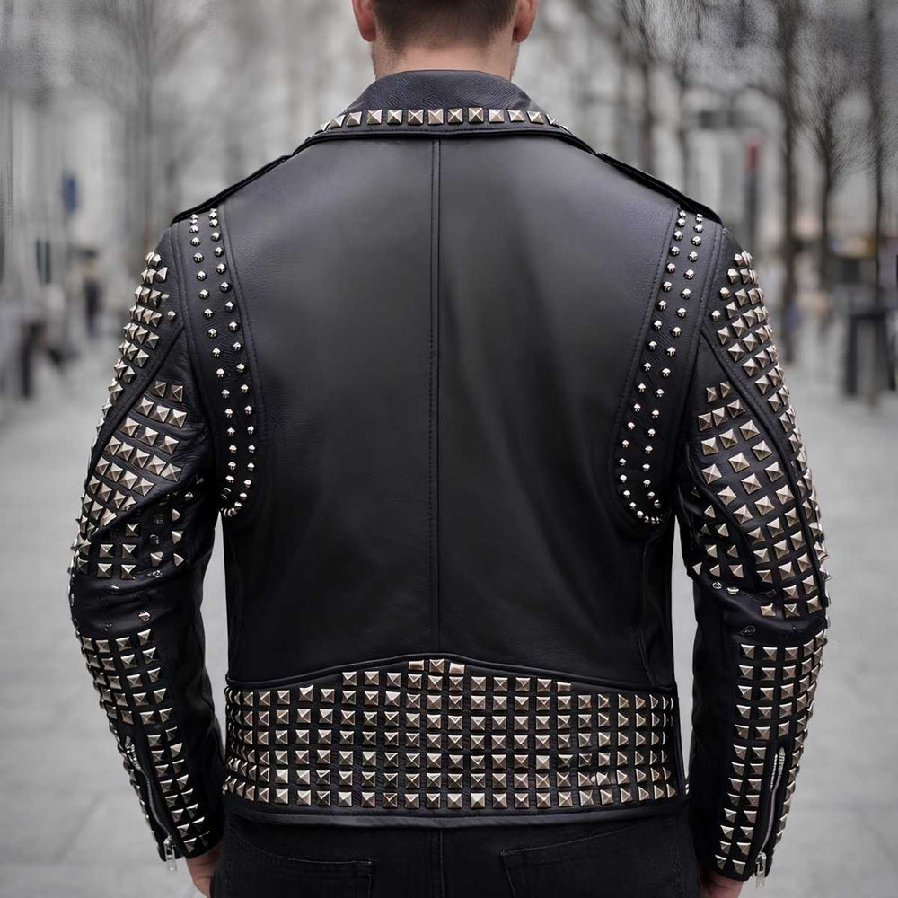 Back view of men's studded cowhide leather jacket with cropped fit