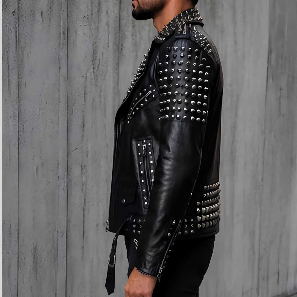 Side profile of studded leather biker jacket showing adjustable waist belt
