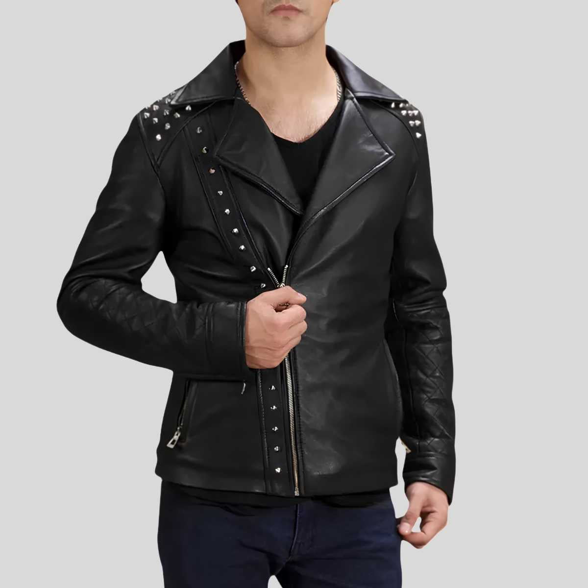 Men's black studded motorcycle jacket with quilted sleeves, front view